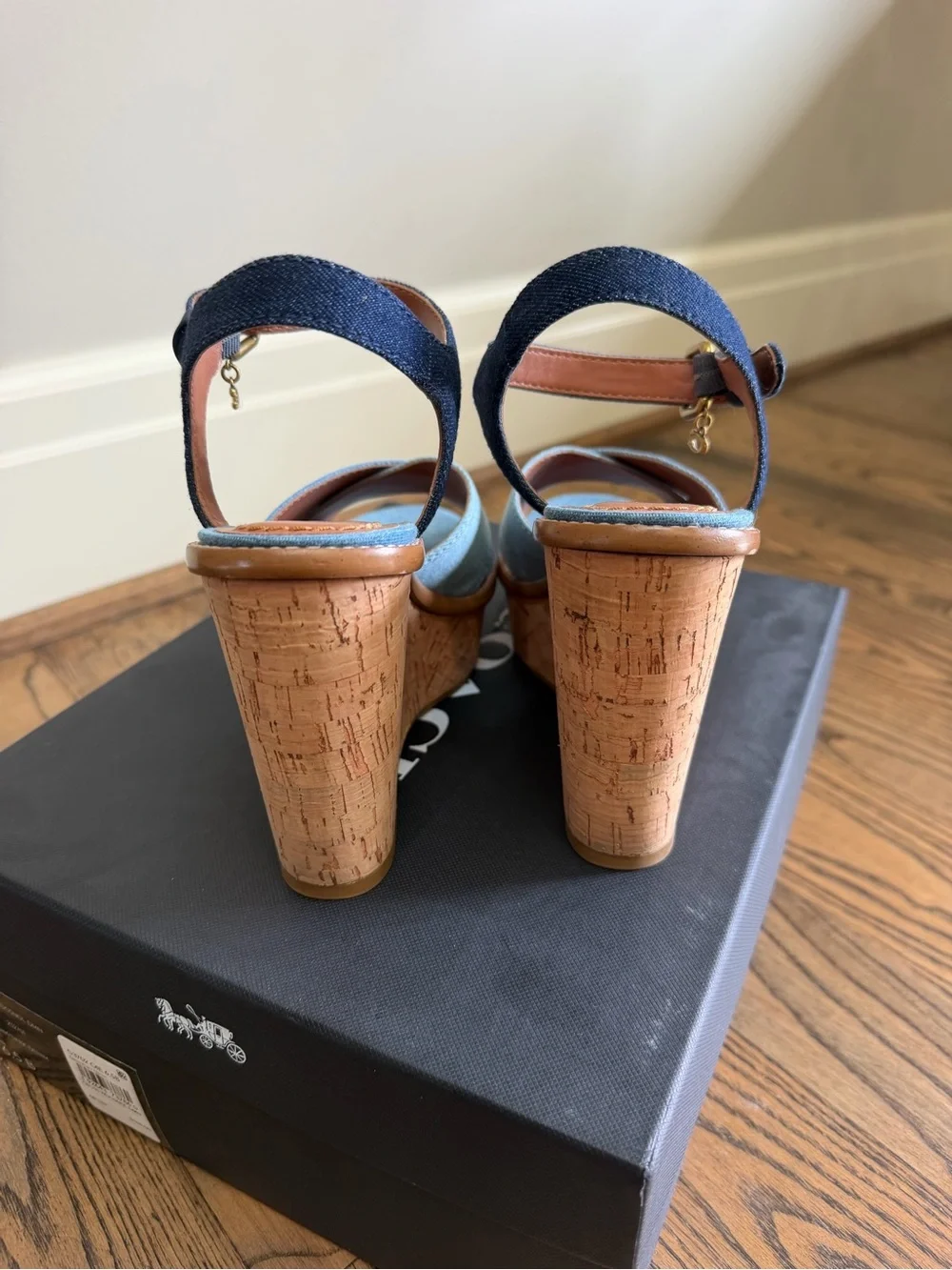 COACH Denim Blue Cork Wedge Sandals - Women's Platform Heels